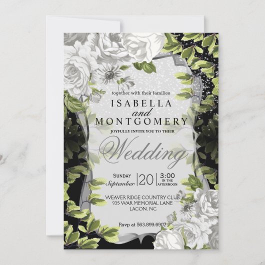 Elegant Black and White Floral Wedding Kaart (Voorkant)