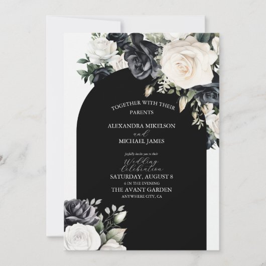 Elegant Black and White Floral Wedding Kaart (Voorkant)