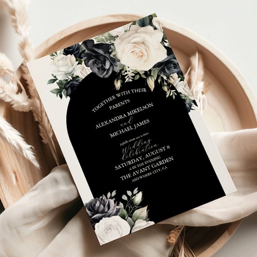 Elegant Black and White Floral Wedding Kaart