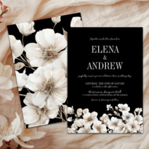 Elegant Black and White Floral Wedding Kaart