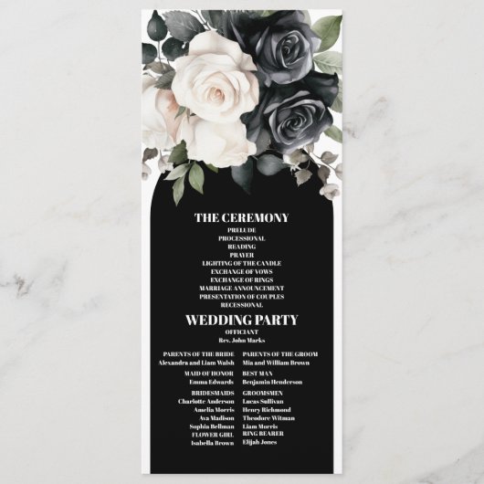 Elegant Black and White Floral Wedding Programmakaart (Voorkant)