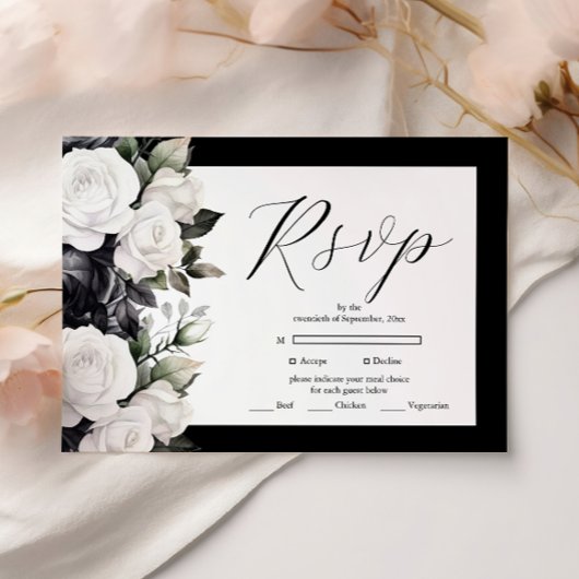 Elegant Black and White Floral Wedding RSVP Kaartje