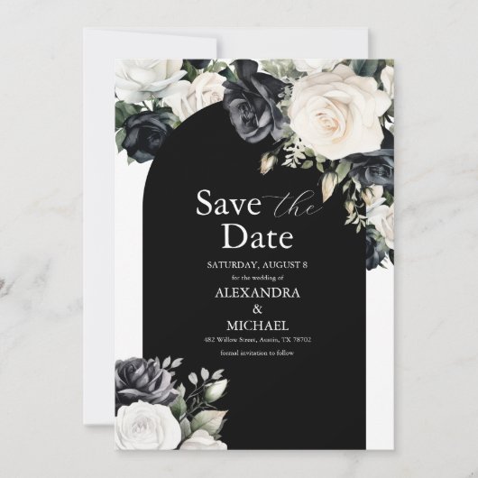 Elegant Black and White Floral Wedding Save The Date (Voorkant)