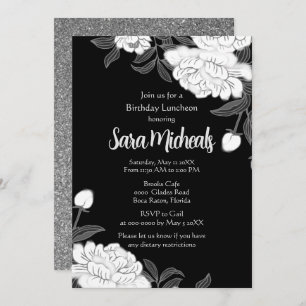 Elegant Black and White Flower Luncheon Invitation Kaart