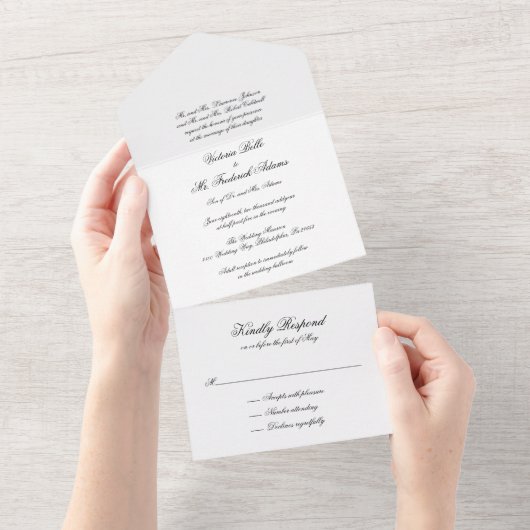 Elegant Black and White Formal Calligraphy Wedding All In One Uitnodiging (Afscheurbaar)