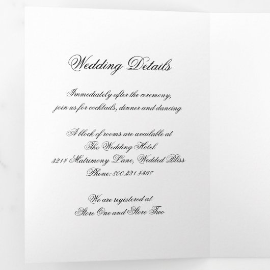 Elegant Black and White Formal Calligraphy Wedding Drieluik Uitnodiging (Binnenzijde eerst)