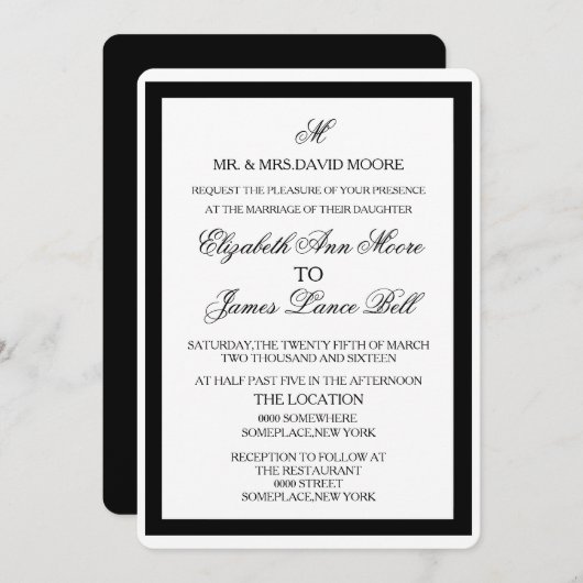 Elegant Black and White Formal Wedding Kaart (Voorkant / Achterkant)