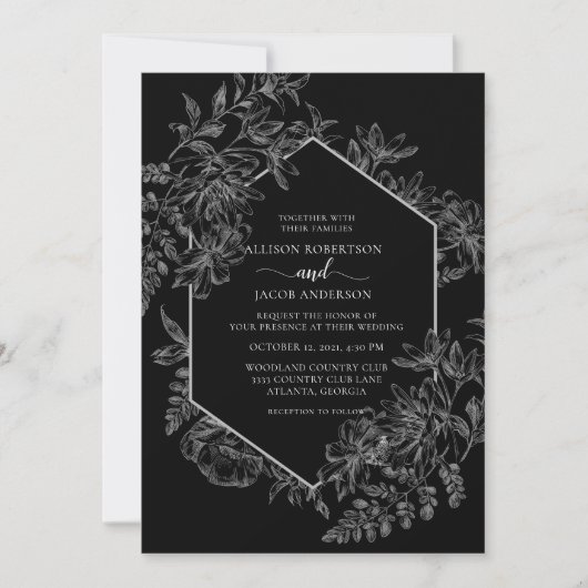 Elegant Black and White Geometric Floral Wedding Kaart (Voorkant)