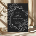 Elegant Black and White Geometric Floral Wedding Kaart<br><div class="desc">De elegante kleur en het geometrische ontwerp maken deze uitnodiging verbluffend. Dit ontwerp bevat een dramatisch zwarte achtergrond,  een mooie florale botanische lijntekening en aangepaste typografie met een geometrische grens aan de voorkant. Aan de achterkant is een mooie bloemtapijt te zien.</div>