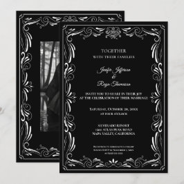 Elegant black and white Gothic wedding Invitation Kaart