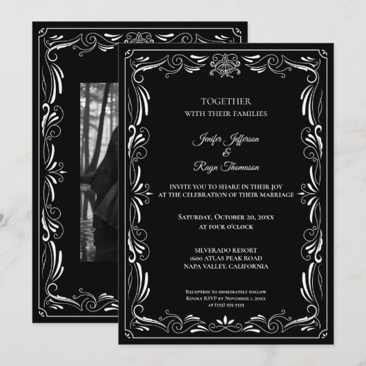 Elegant black and white Gothic wedding Invitation Kaart (Voorkant / Achterkant)