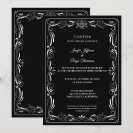 Elegant black and white Gothic wedding Invitation Kaart