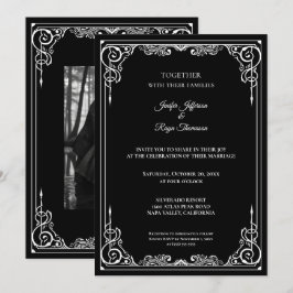 Elegant black and white Gothic wedding Invitation Kaart