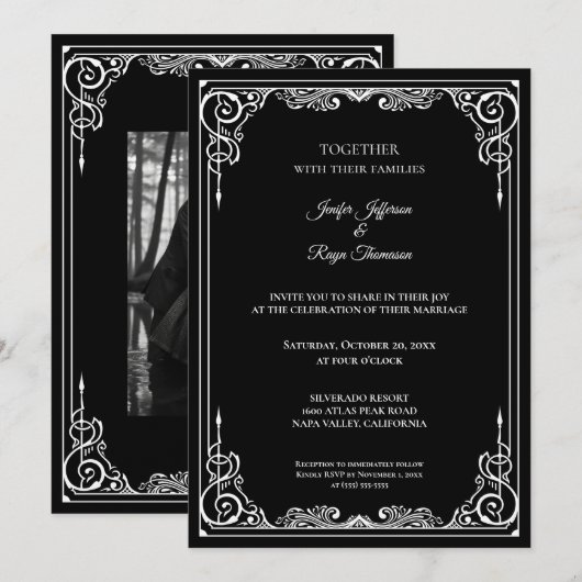 Elegant black and white Gothic wedding Invitation Kaart (Voorkant / Achterkant)
