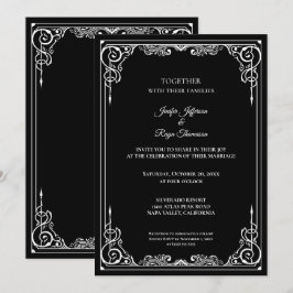 Elegant black and white Gothic wedding Invitation Kaart