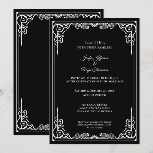 Elegant black and white Gothic wedding Invitation Kaart (Voorkant / Achterkant)