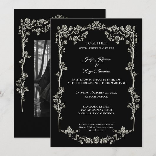 Elegant black and white Gothic wedding Invitation Kaart (Voorkant / Achterkant)