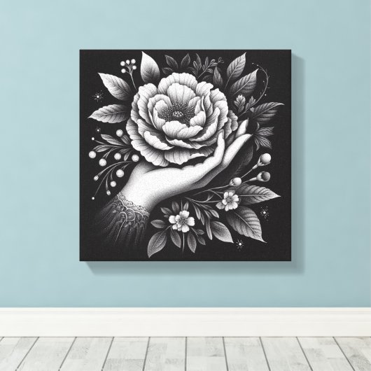 Elegant Black and White Hand Botanical Art Canvas Afdruk (Insitu (Houten vloer))