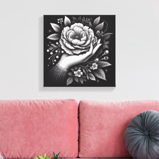 Elegant Black and White Hand Botanical Art Canvas Afdruk (Insitu (Woonkamer))