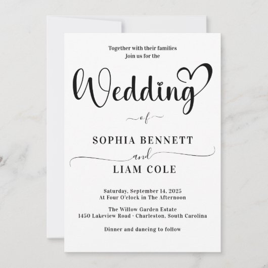 Elegant Black and White Heart Script Wedding  Kaart (Voorkant)