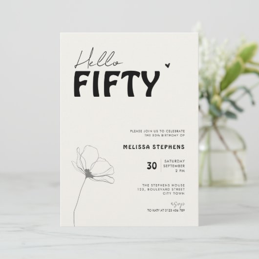 Elegant Black and White Hello Fifty 50th Birthday Kaart (Staand voorkant)