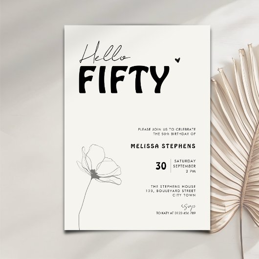Elegant Black and White Hello Fifty 50th Birthday Kaart