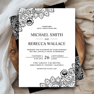 Elegant Black and White Lace Wedding Kaart