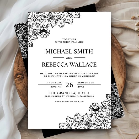 Elegant Black and White Lace Wedding Kaart