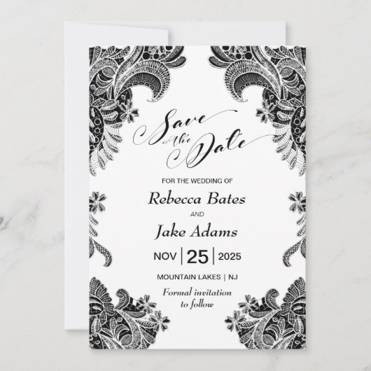 Elegant Black and White Lace Wedding Save The Date (Voorkant)