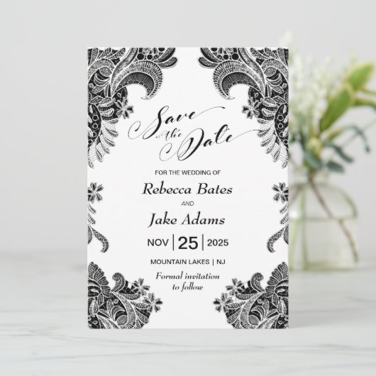 Elegant Black and White Lace Wedding Save The Date (Staand voorkant)