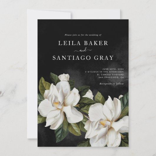 Elegant Black and White Magnolia Wedding Invite (Voorkant)
