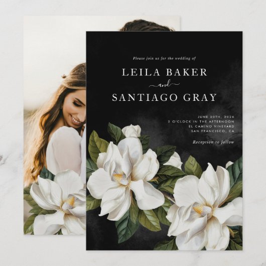 Elegant Black and White Magnolia Wedding Invite (Voorkant / Achterkant)