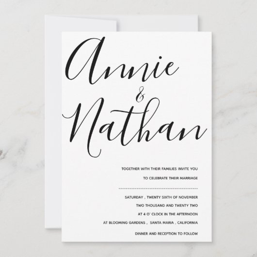 Elegant Black and White Minimalist Script Weddensc Kaart (Voorkant)