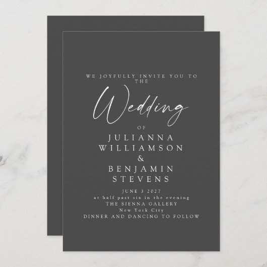 Elegant Black and White Minimalist Script Weddensc Kaart (Voorkant / Achterkant)