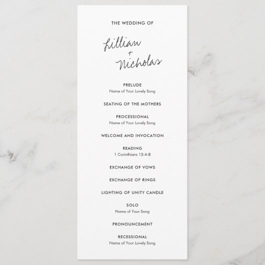 Elegant Black and White Modern Wedding Programmakaart (Voorkant)