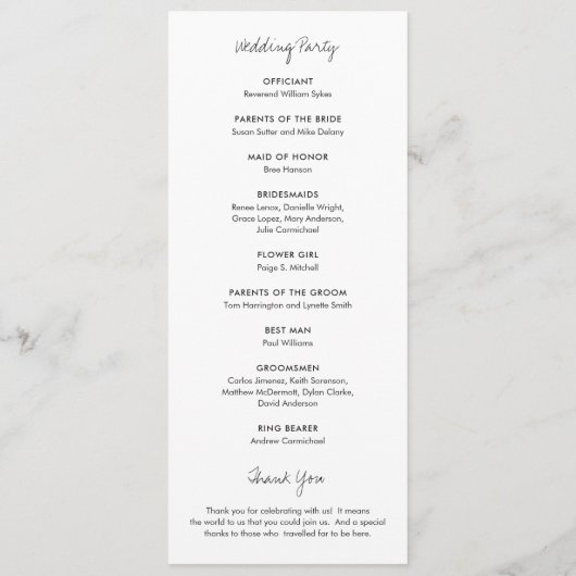 Elegant Black and White Modern Wedding Programmakaart (Achterkant)