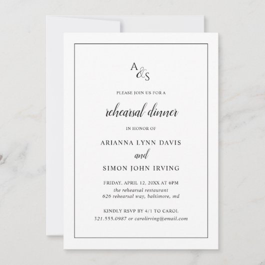 Elegant Black and White Monogram Rehearsal Dinner Kaart (Voorkant)