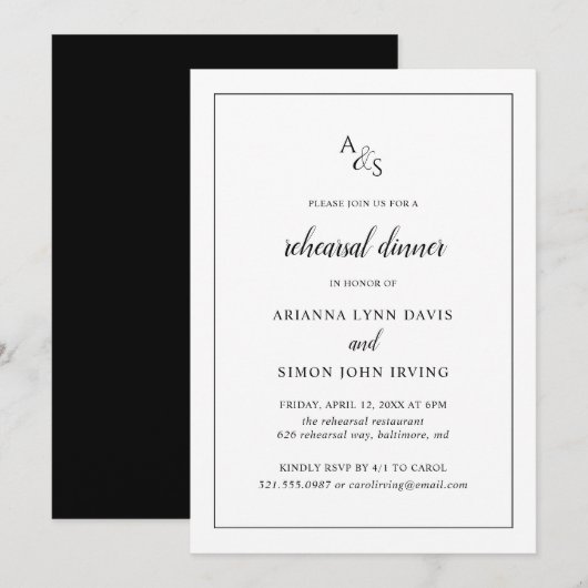 Elegant Black and White Monogram Rehearsal Dinner Kaart (Voorkant / Achterkant)