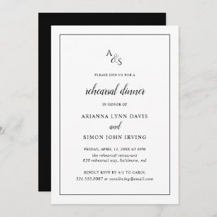 Elegant Black and White Monogram Rehearsal Dinner Kaart