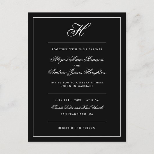 Elegant Black and White Monogram Script Weddenscha Uitnodiging Briefkaart (Voorkant)
