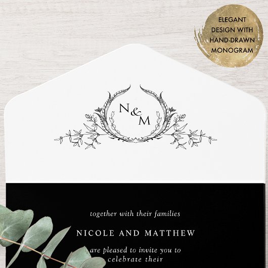 Elegant Black and White Monogram Weddenschap met R All In One Uitnodiging