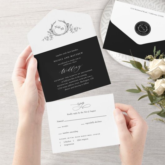 Elegant Black and White Monogram Weddenschap met R All In One Uitnodiging