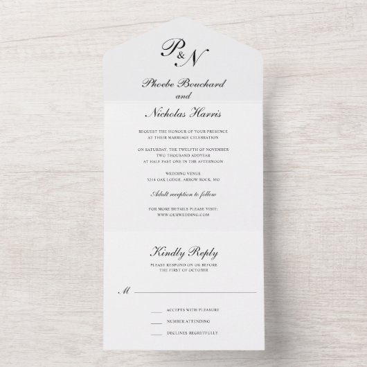 Elegant Black and White Monogram Wedding All In One Uitnodiging (Binnen)
