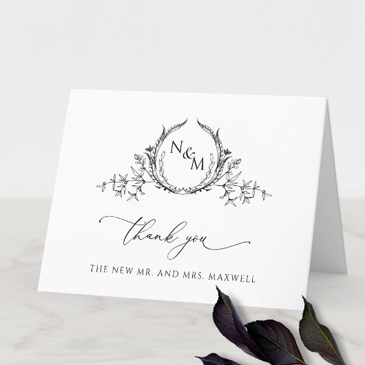 Elegant Black and White Monogram Wedding Bedankkaart