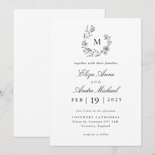 Elegant Black and White Monogram Wedding Invitatio Kaart (Voorkant / Achterkant)