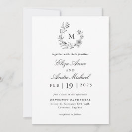Elegant Black and White Monogram Wedding Invitatio Kaart