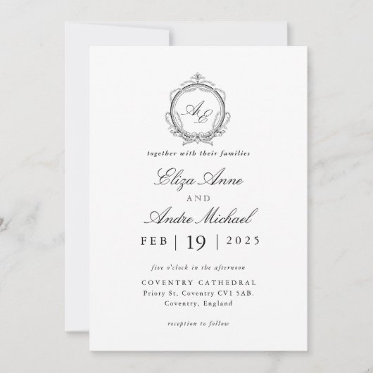 Elegant Black and White Monogram Wedding Invitatio Kaart (Voorkant)