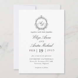 Elegant Black and White Monogram Wedding Invitatio Kaart