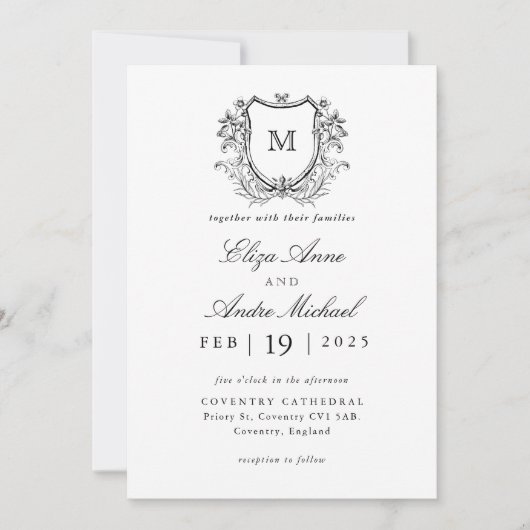 Elegant Black and White Monogram Wedding Invitatio Kaart (Voorkant)