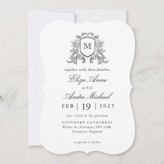 Elegant Black and White Monogram Wedding Invitatio Kaart (Voorkant)